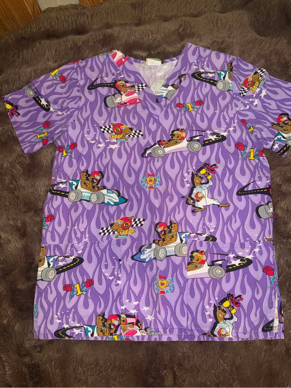 Y2K Purple Scooby Doo Racecar Print Scrub Top- Size Small